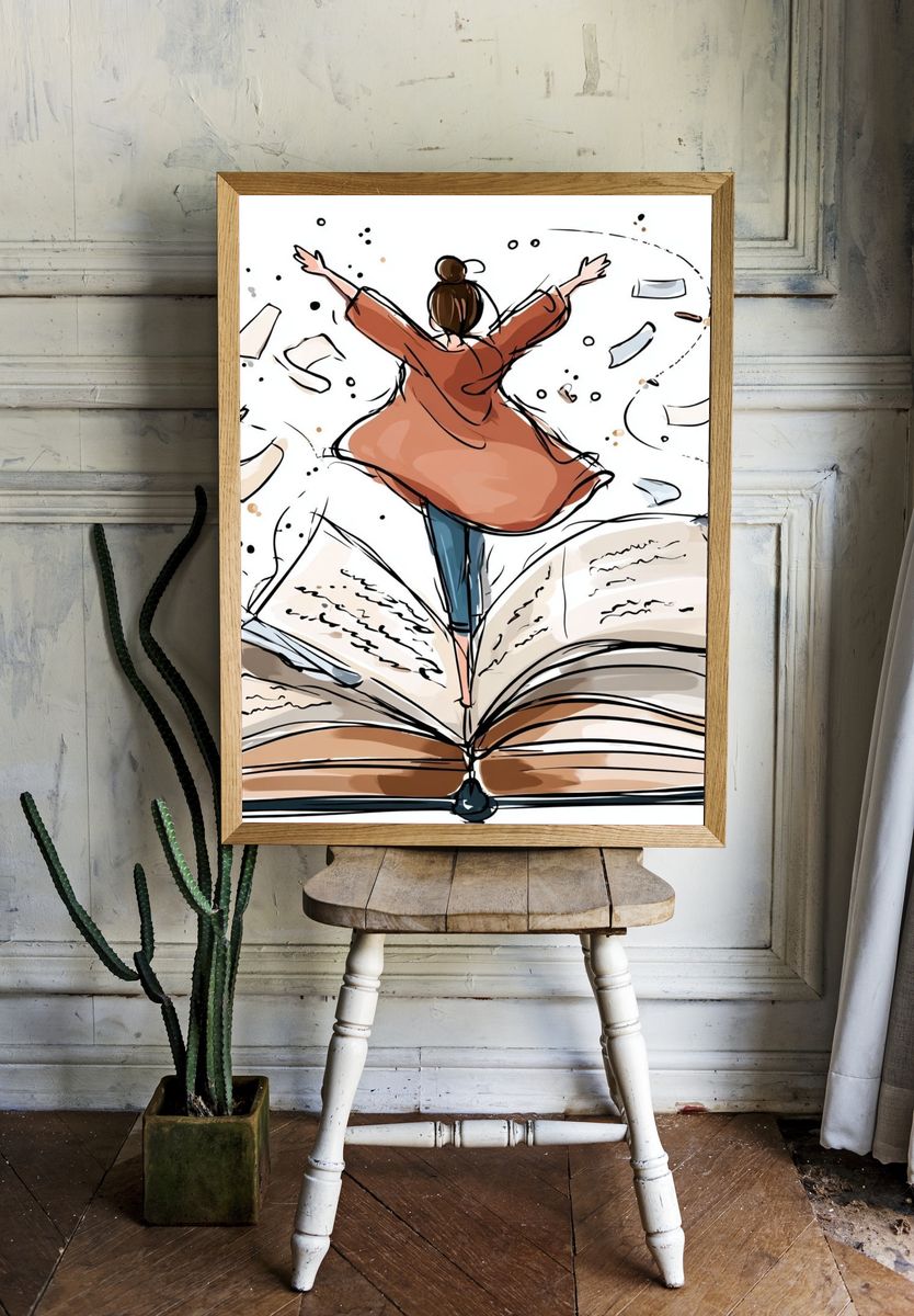 Girl Jumping from Open Book — Illustration Print room preview