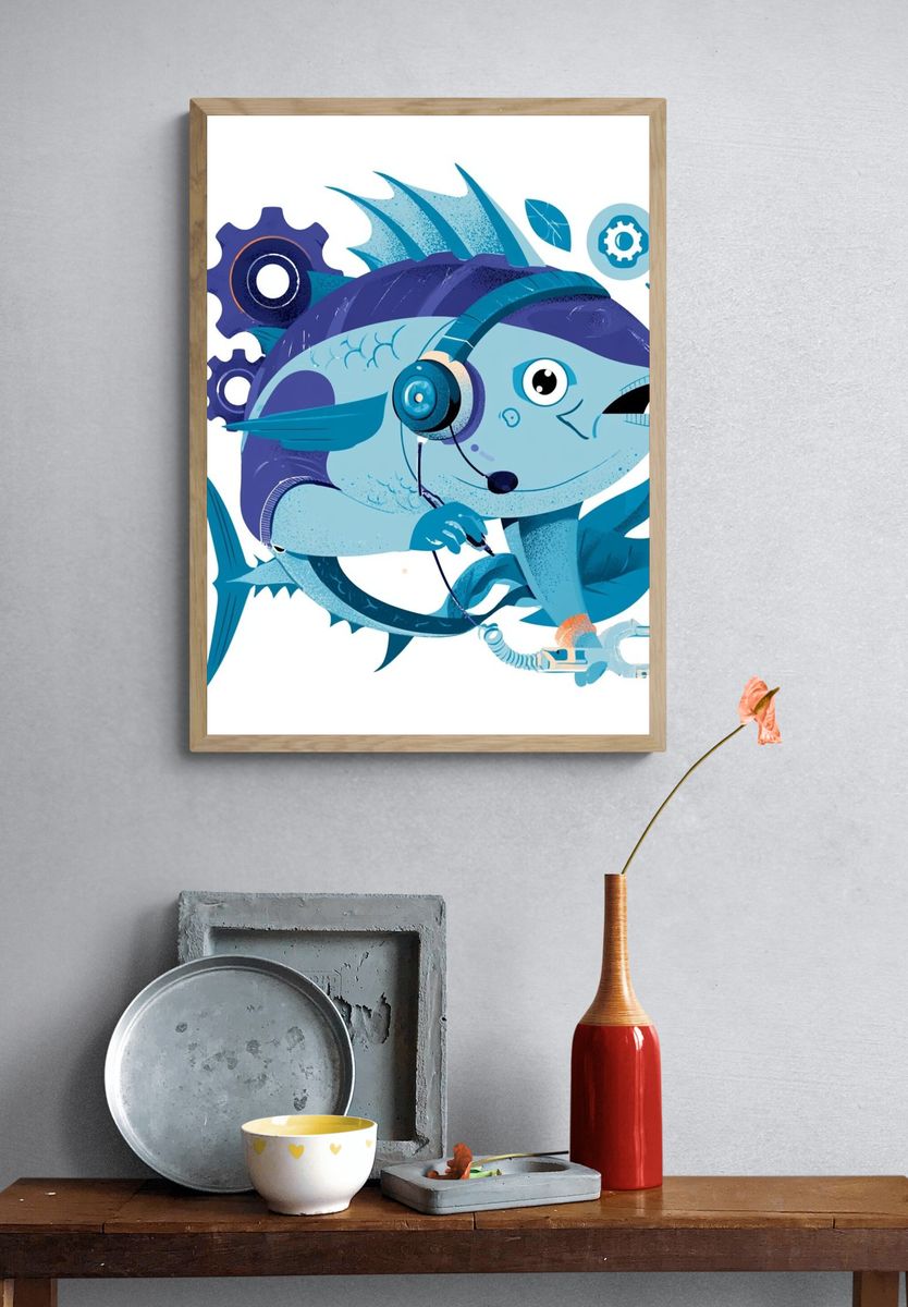 Mechanical Fish Illustration Poster. — room view 3