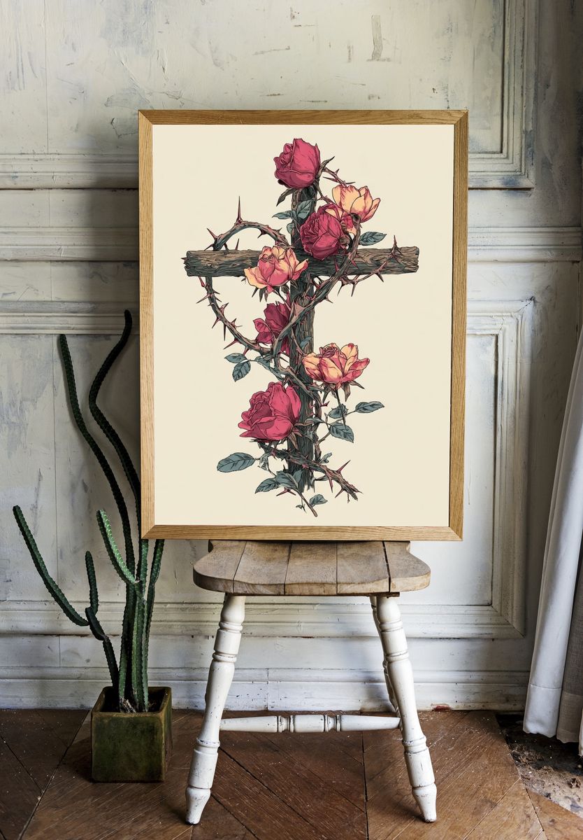 Thorned Rose Cross Illustration Poster. room preview
