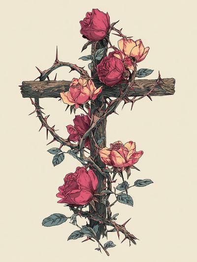 Thorned Rose Cross Illustration Poster. poster