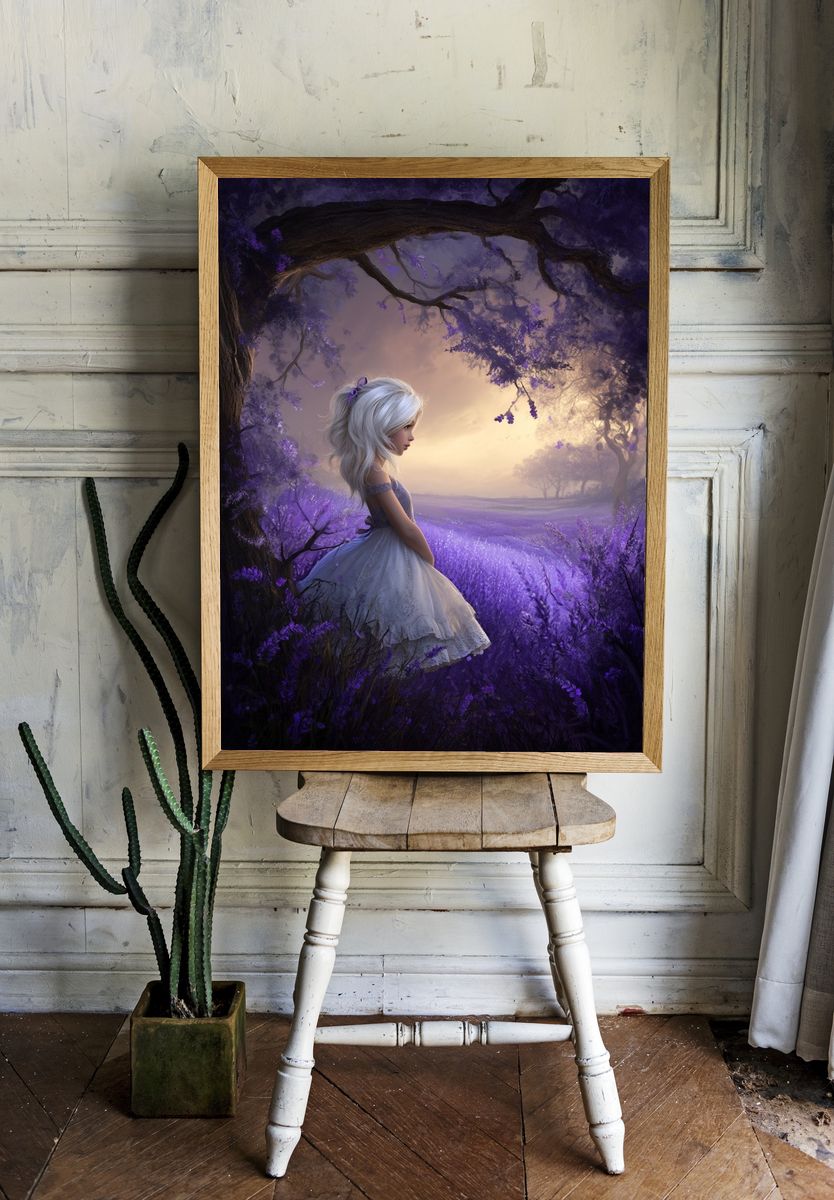 Dreamy Girl in Lavender Field — Illustration Print room preview