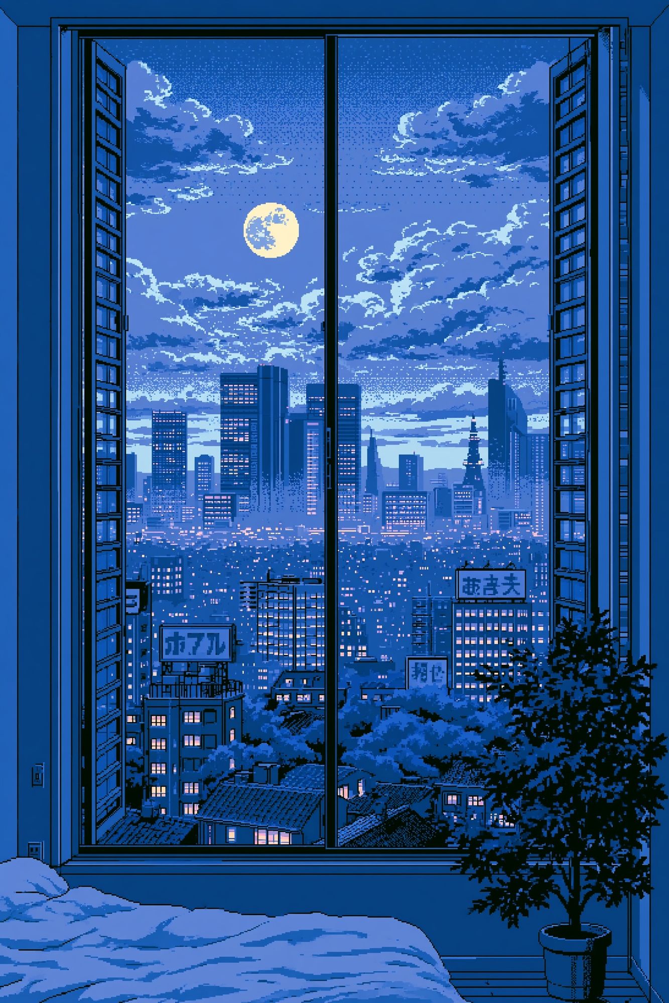 Moonlit Tokyo Skyline Pixel Art Poster. poster — illustration art