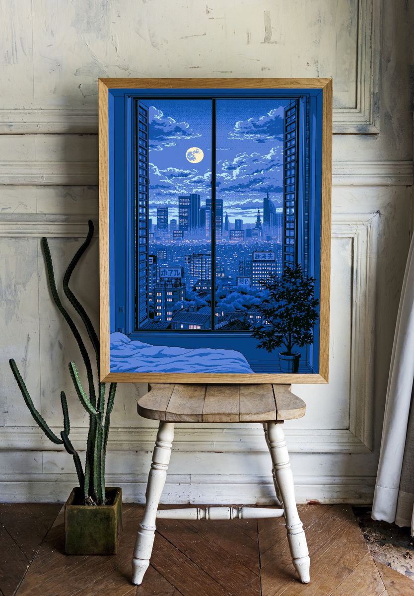 Moonlit Tokyo Skyline Pixel Art Poster. — room view 1