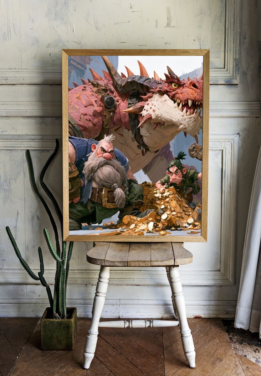 Fantasy Dragon and Dwarves Illustration Poster. — room view 1