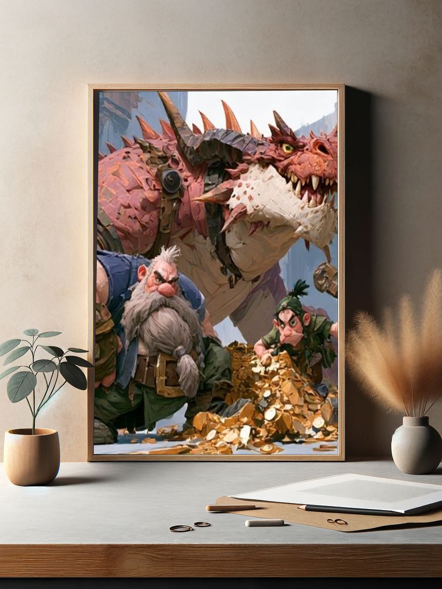 Fantasy Dragon and Dwarves Illustration Poster. — room view 2