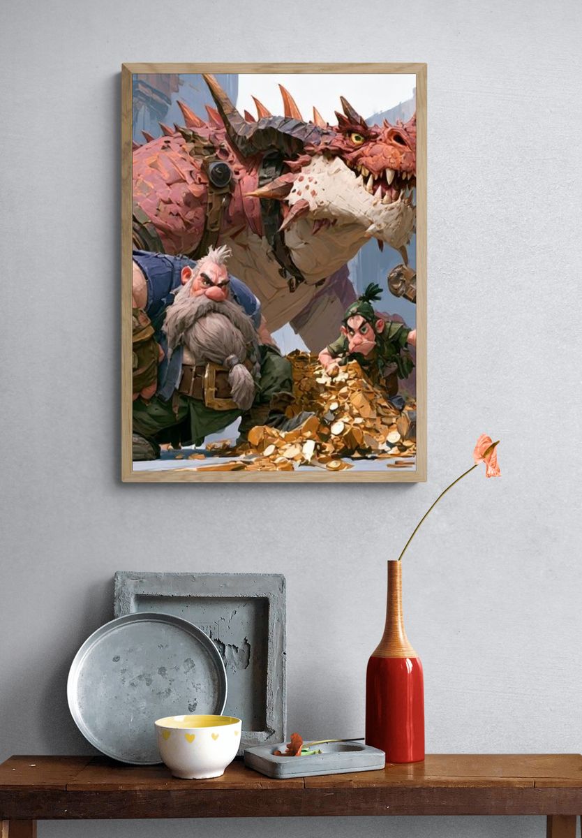 Fantasy Dragon and Dwarves Illustration Poster. — room view 3