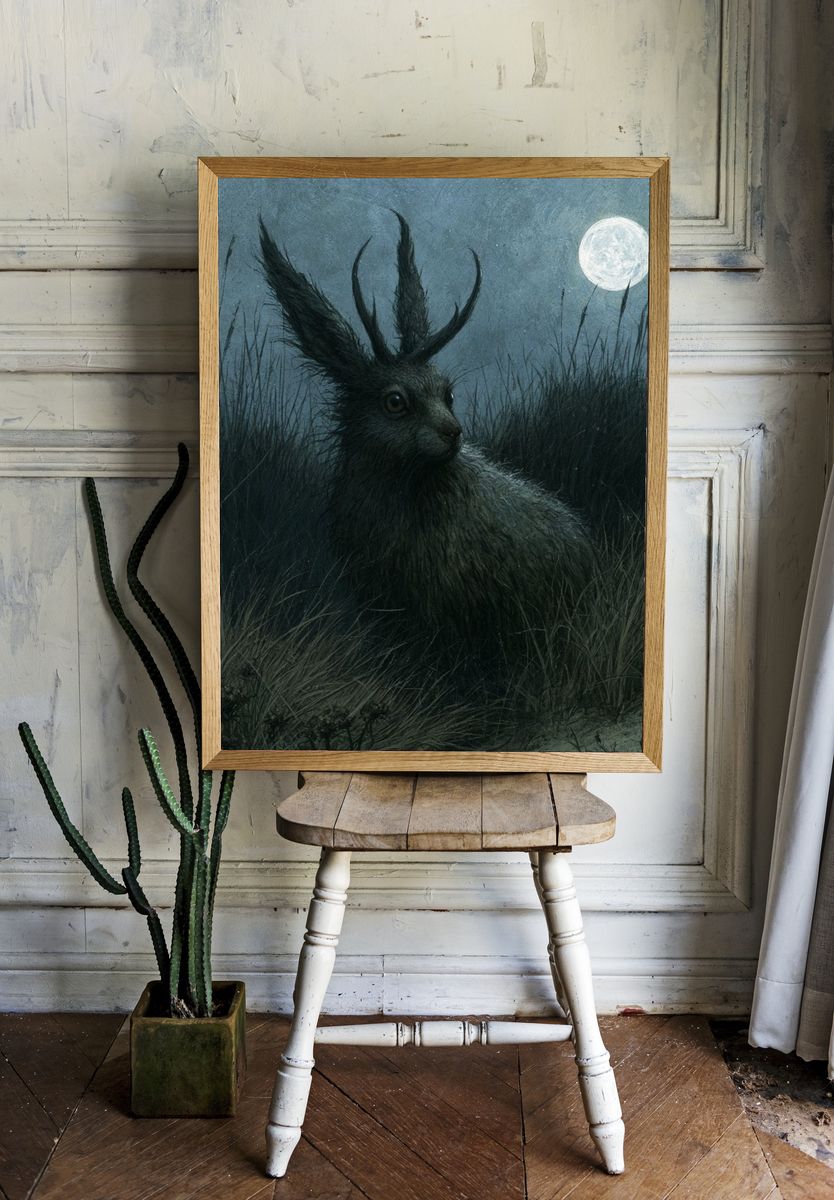 Moonlit Hare Fantasy Illustration Poster. room preview