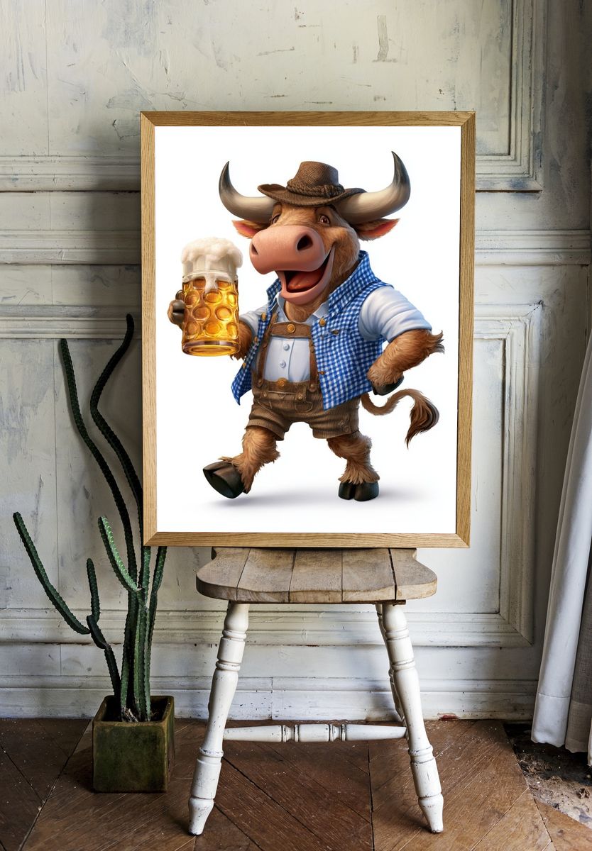 Cheerful Bull with Beer Illustration Poster. — room view 1