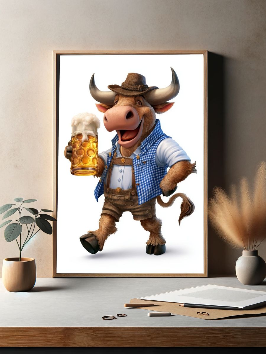 Cheerful Bull with Beer Illustration Poster. — room view 2