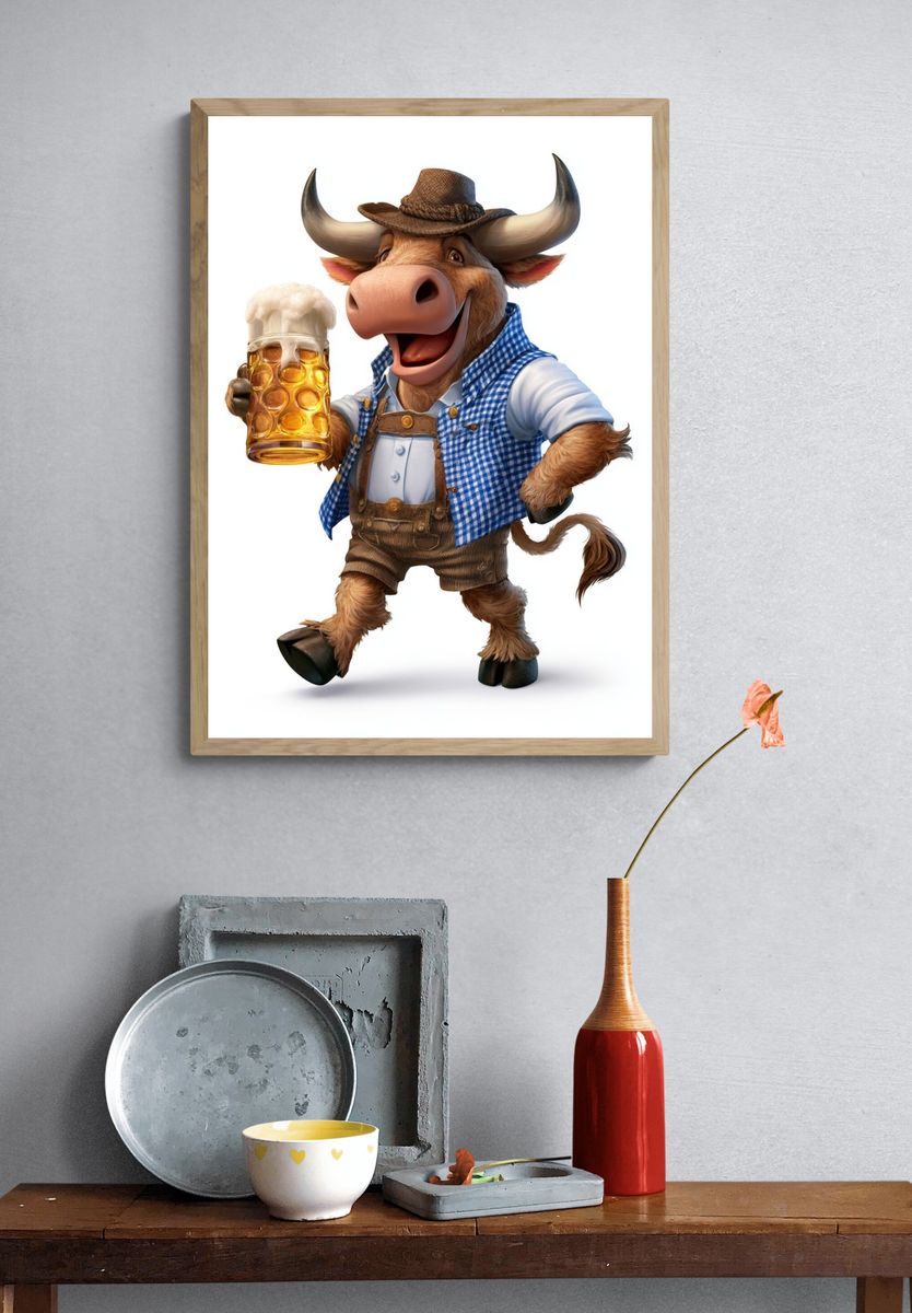 Cheerful Bull with Beer Illustration Poster. — room view 3