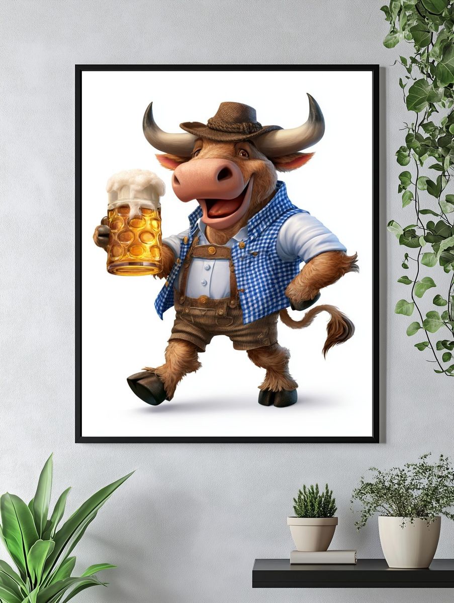 Cheerful Bull with Beer Illustration Poster. — room view 4