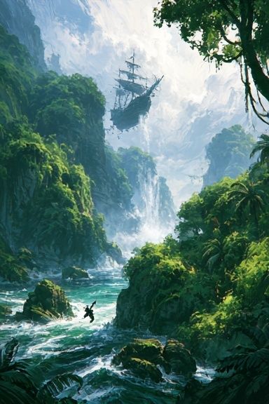 Floating Pirate Ship Jungle Print. poster — illustration art