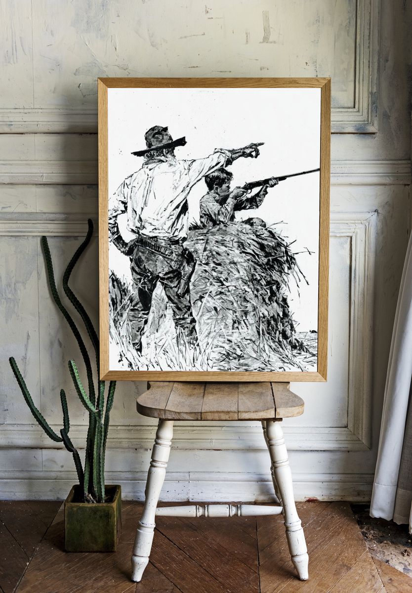 Cowboy Hunting Scene Ink Print. — room view 1