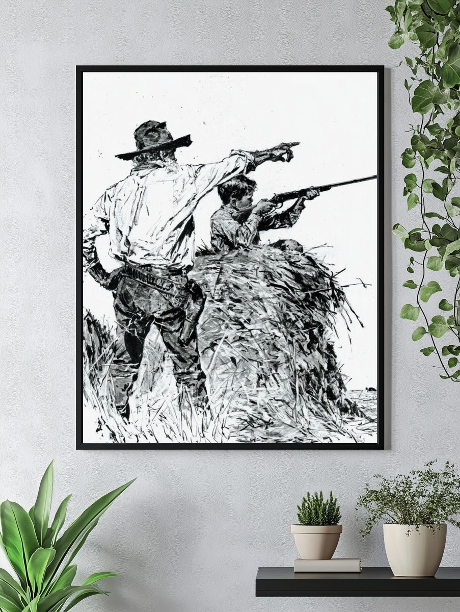Cowboy Hunting Scene Ink Print. — room view 4