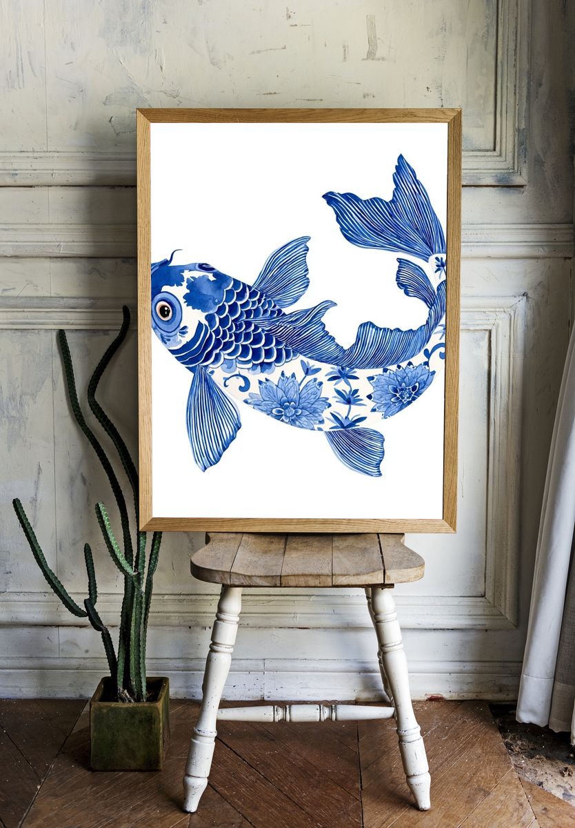 Blue Koi Fish Illustration Poster. — room view 1
