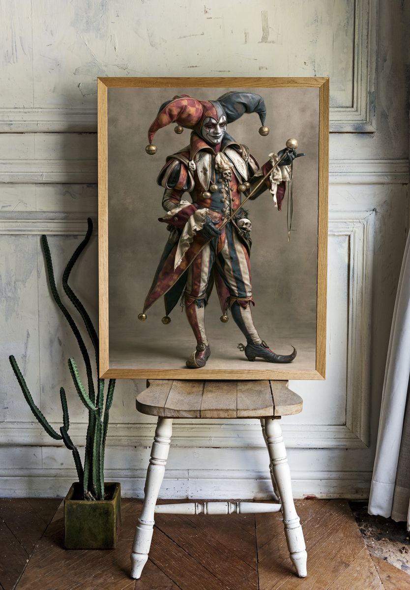 Harlequin Jester Portrait Print. room preview