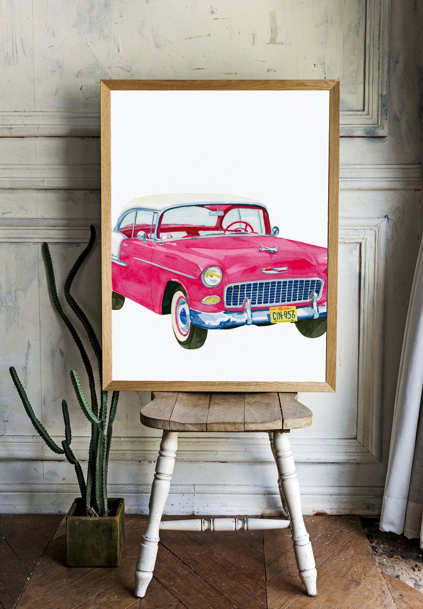 Pink Classic Car Watercolor Poster. — room view 1
