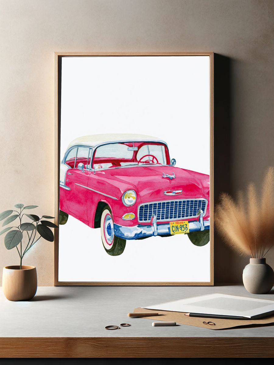Pink Classic Car Watercolor Poster. — room view 2