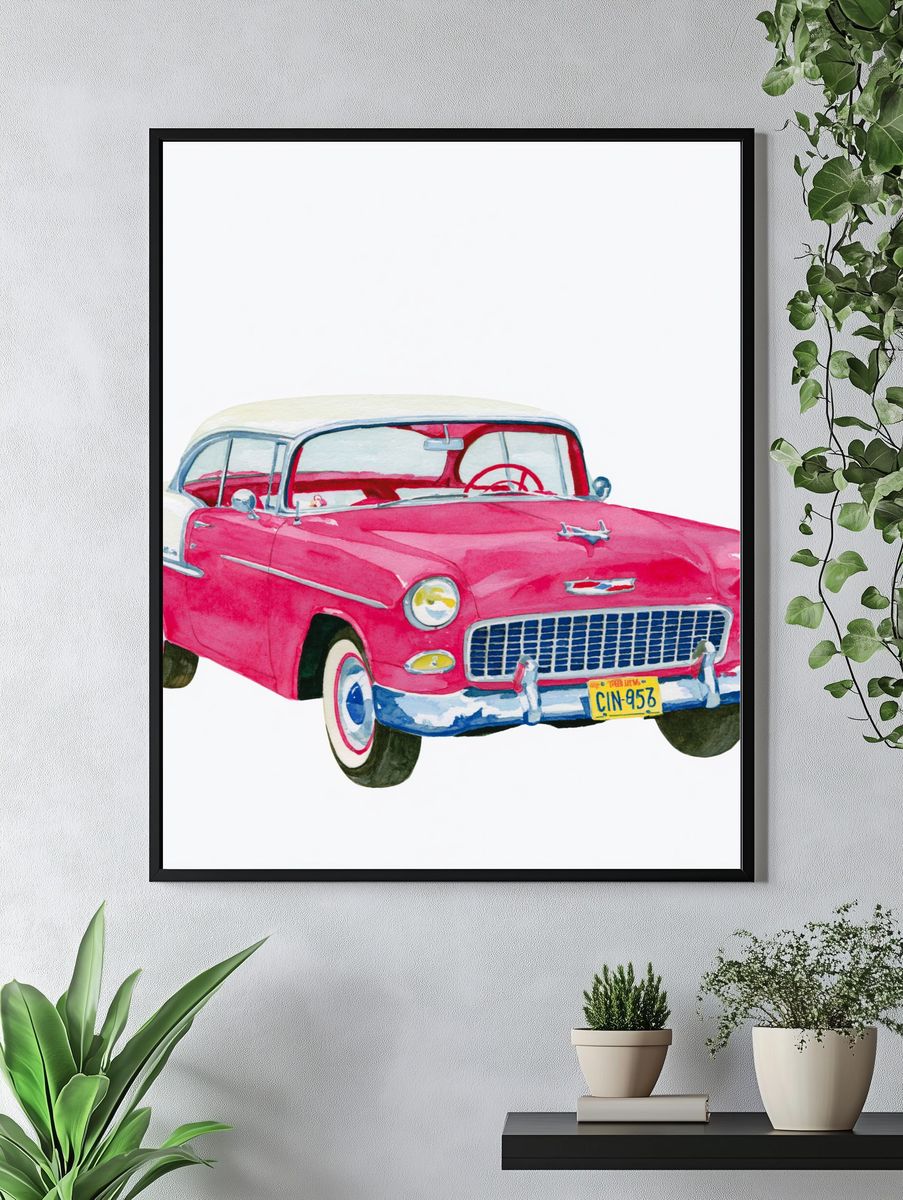 Pink Classic Car Watercolor Poster. — room view 4