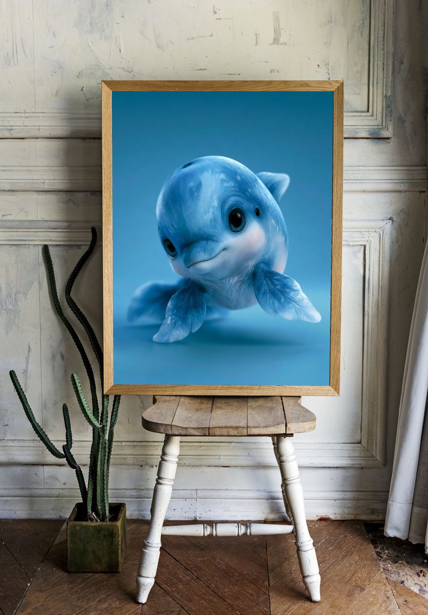 Blue Baby Dolphin Illustration Poster. room preview