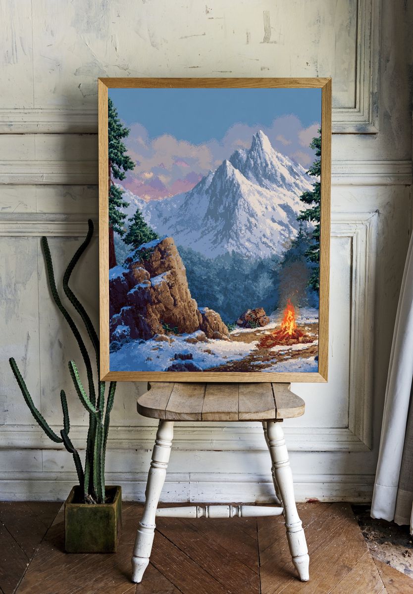 Snowy Mountain Campfire Illustration Poster. room preview