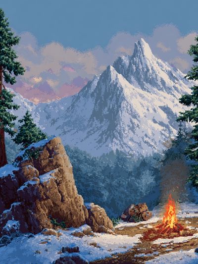 Snowy Mountain Campfire Illustration Poster.