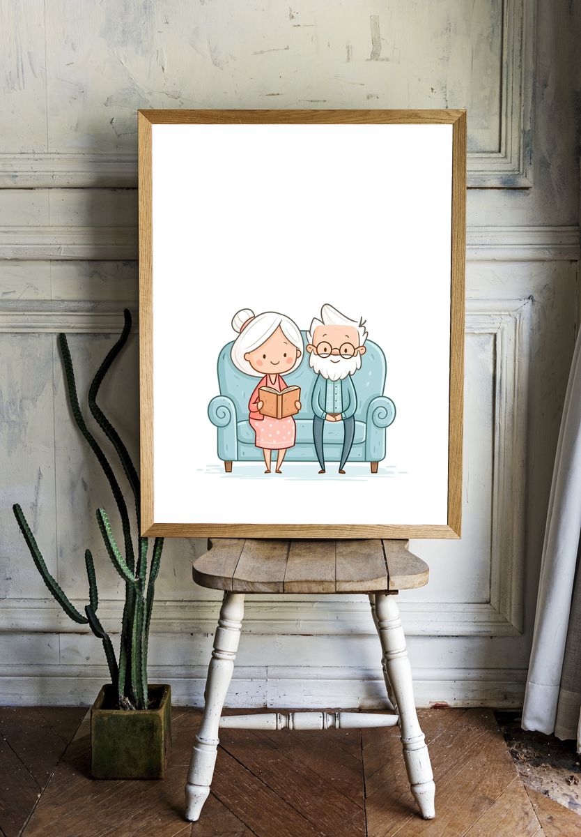 Elderly Couple Reading Illustration Poster. — room view 1