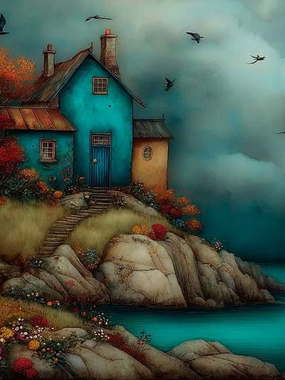 Coastal Cottage Dreamscape Print. poster