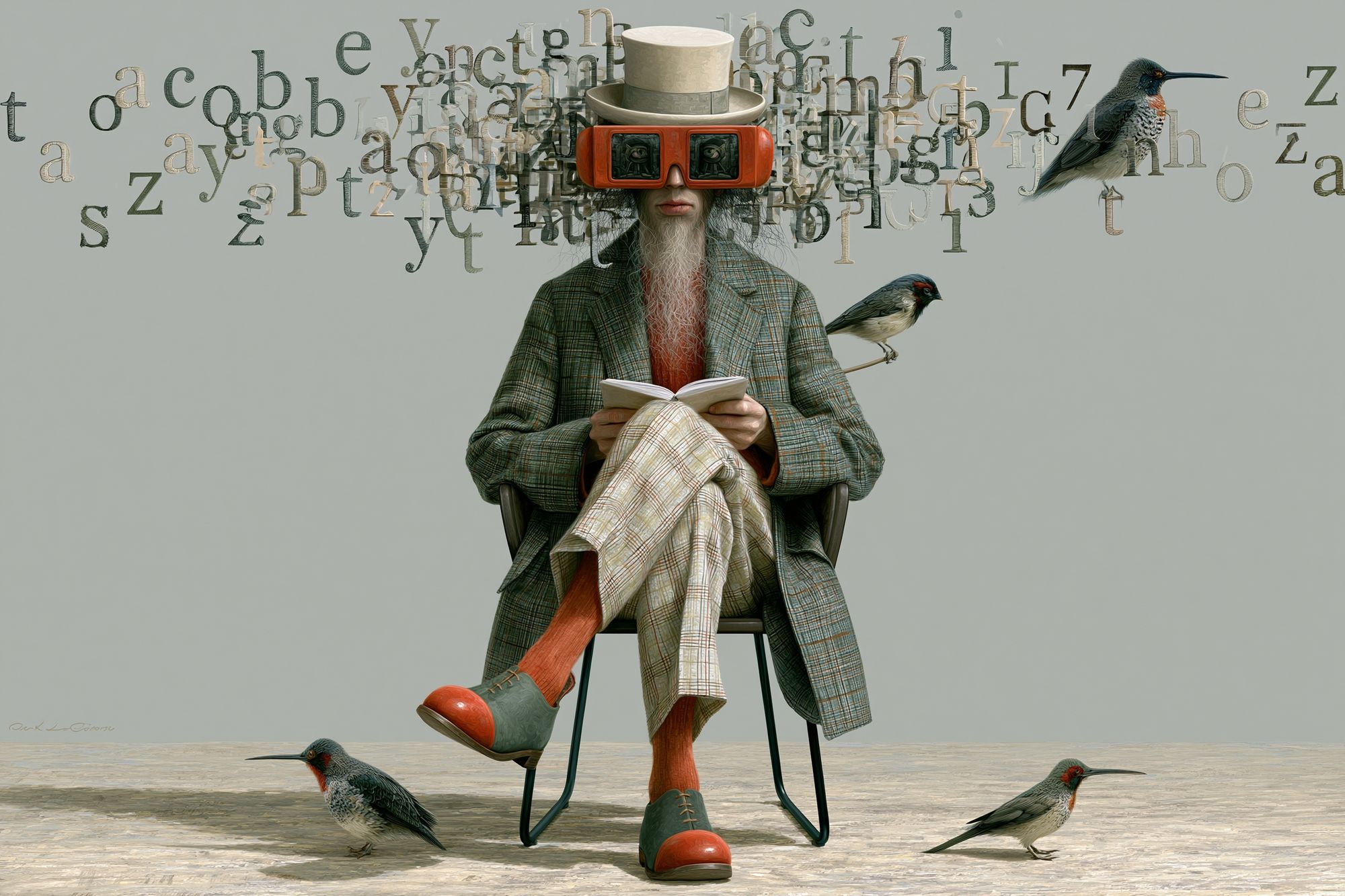 Surreal Reader with Birds Illustration Poster. poster detail