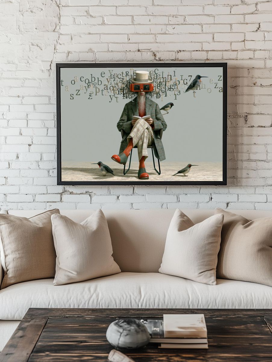 Surreal Reader with Birds Illustration Poster. room preview