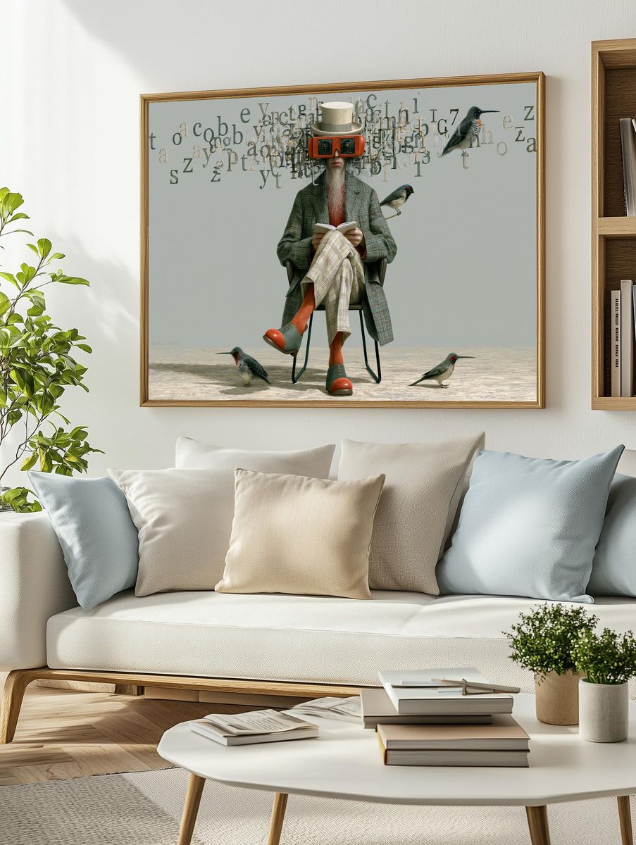 Surreal Reader with Birds Illustration Poster. — room view 2