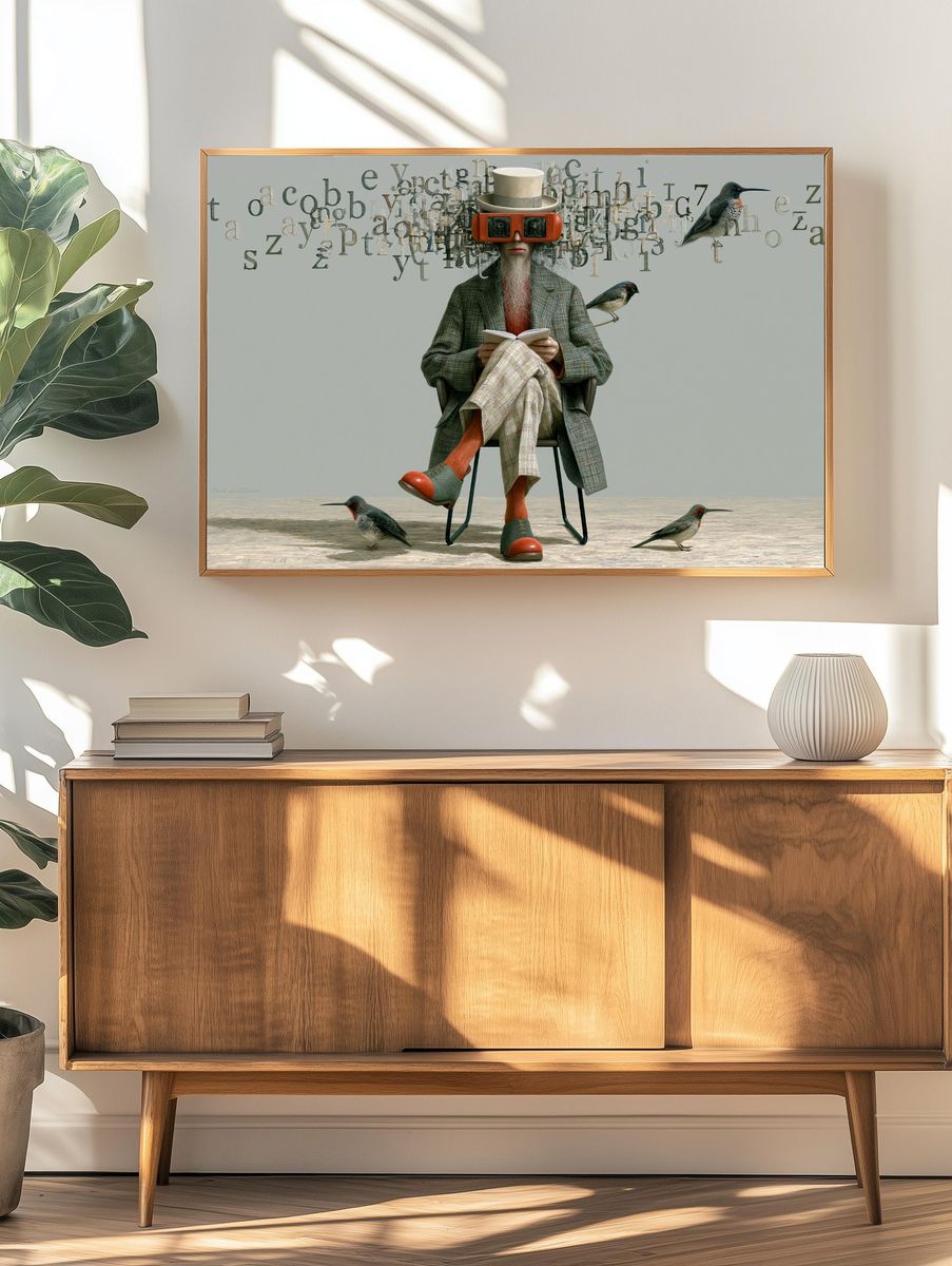 Surreal Reader with Birds Illustration Poster. — room view 3