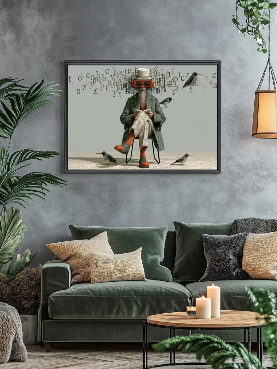 Surreal Reader with Birds Illustration Poster. — room view 4