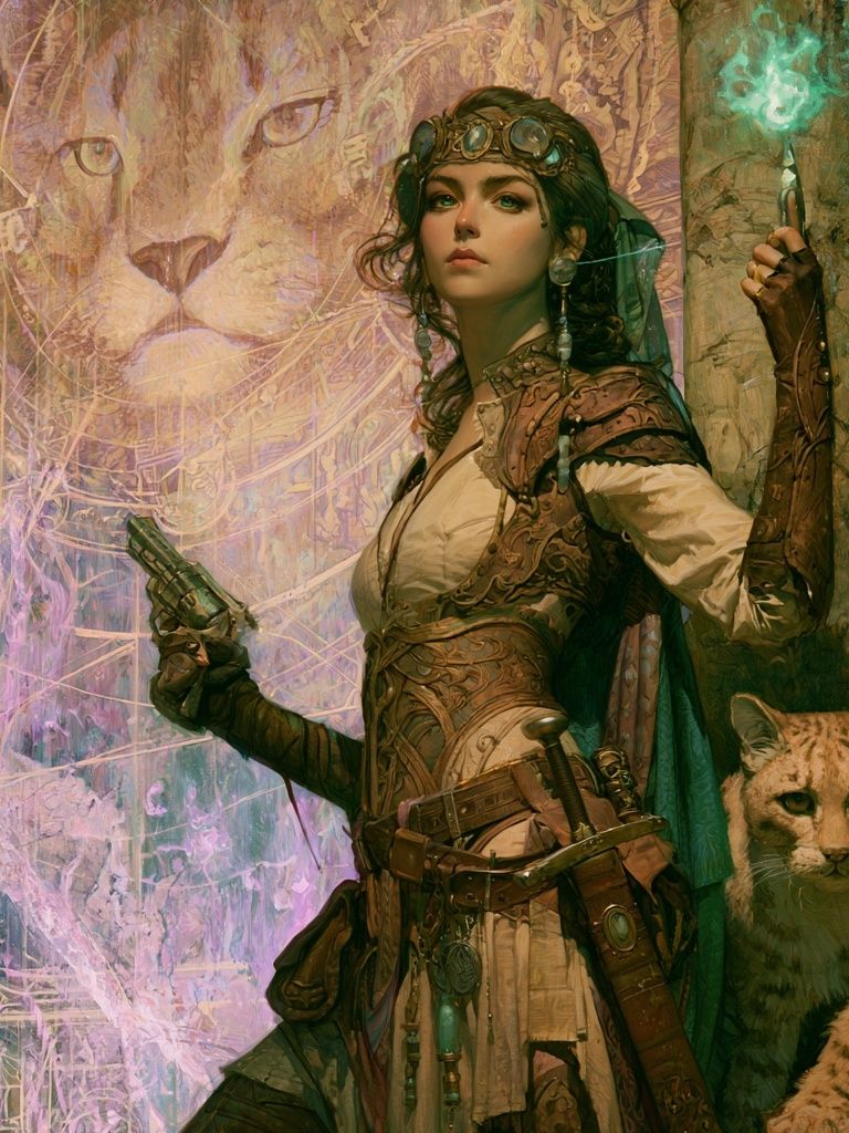Steampunk Huntress and Lynx Print. poster — illustration art