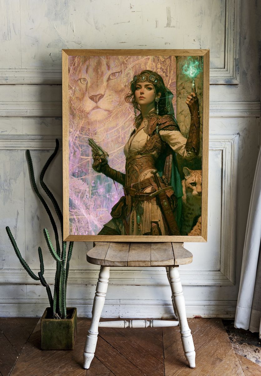 Steampunk Huntress and Lynx Print. room preview