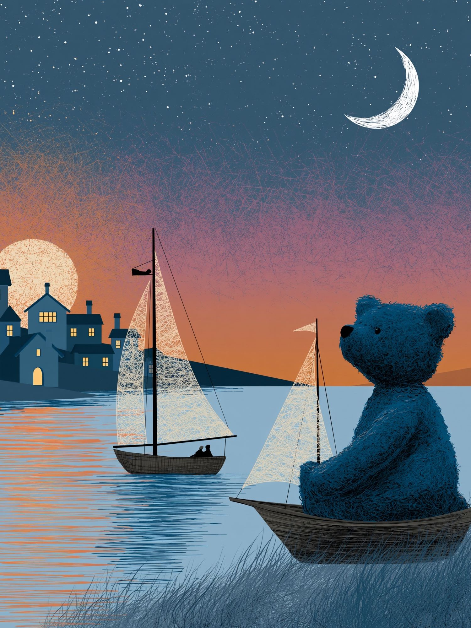Moonlit Bear Harbor Illustration Poster. poster — illustration art