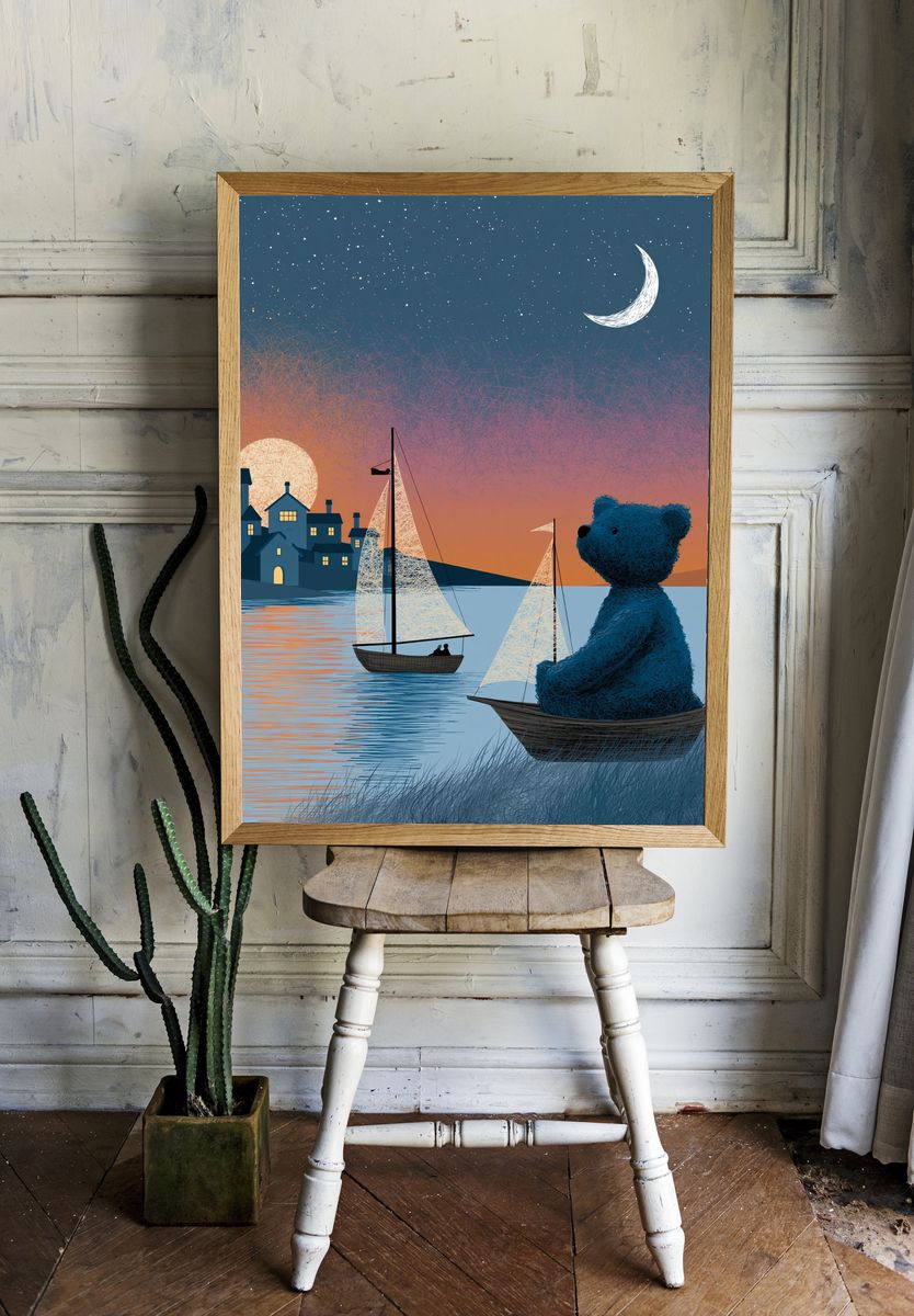 Moonlit Bear Harbor Illustration Poster. room preview