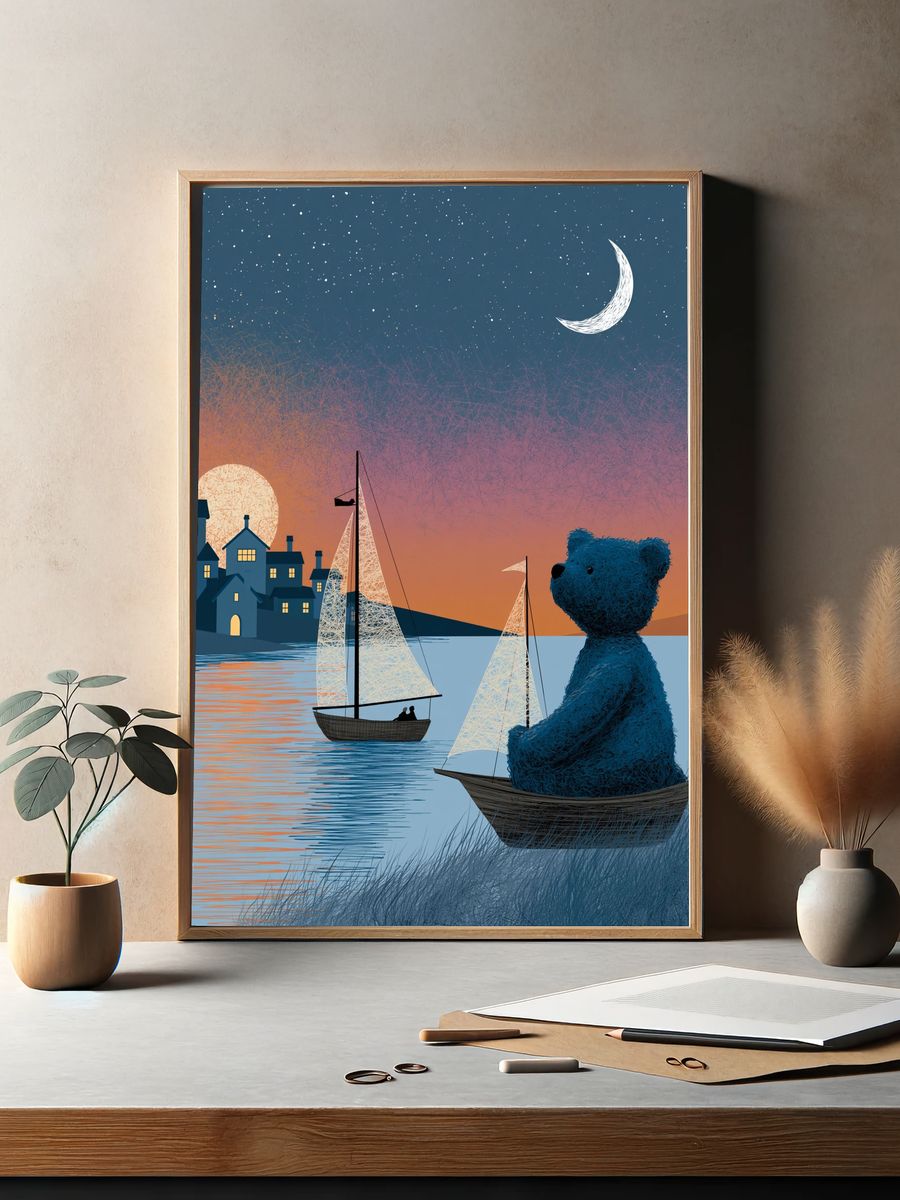 Moonlit Bear Harbor Illustration Poster. — room view 2