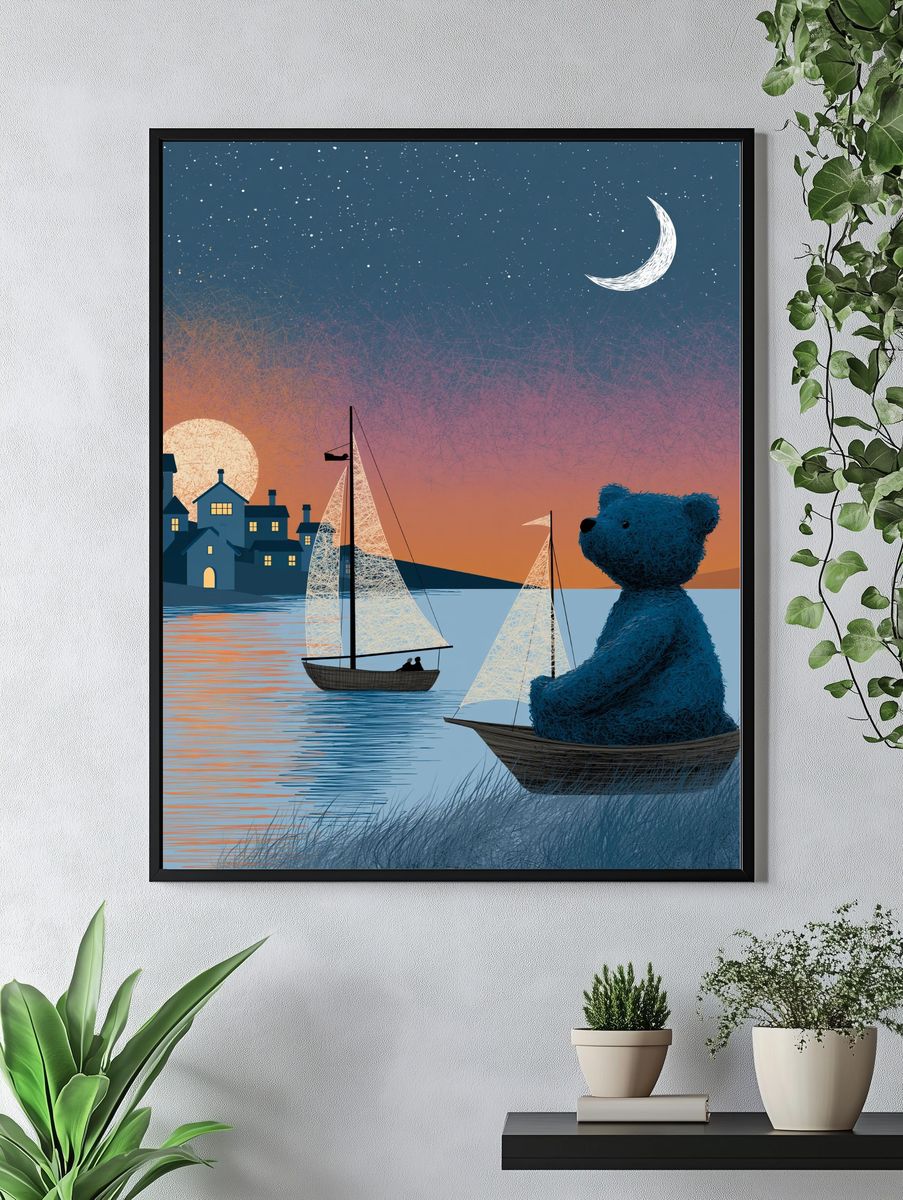 Moonlit Bear Harbor Illustration Poster. — room view 4