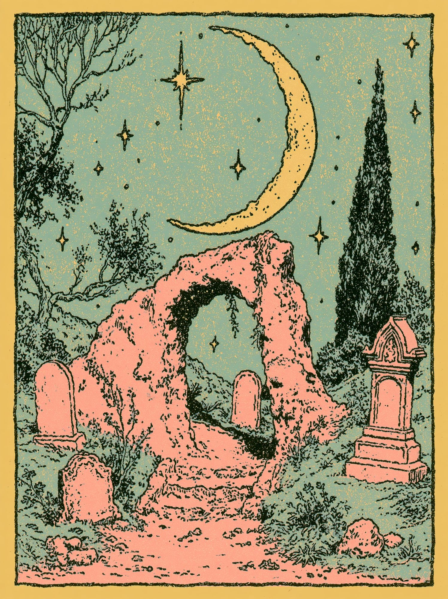 Moonlit Cemetery Illustration Poster. poster detail