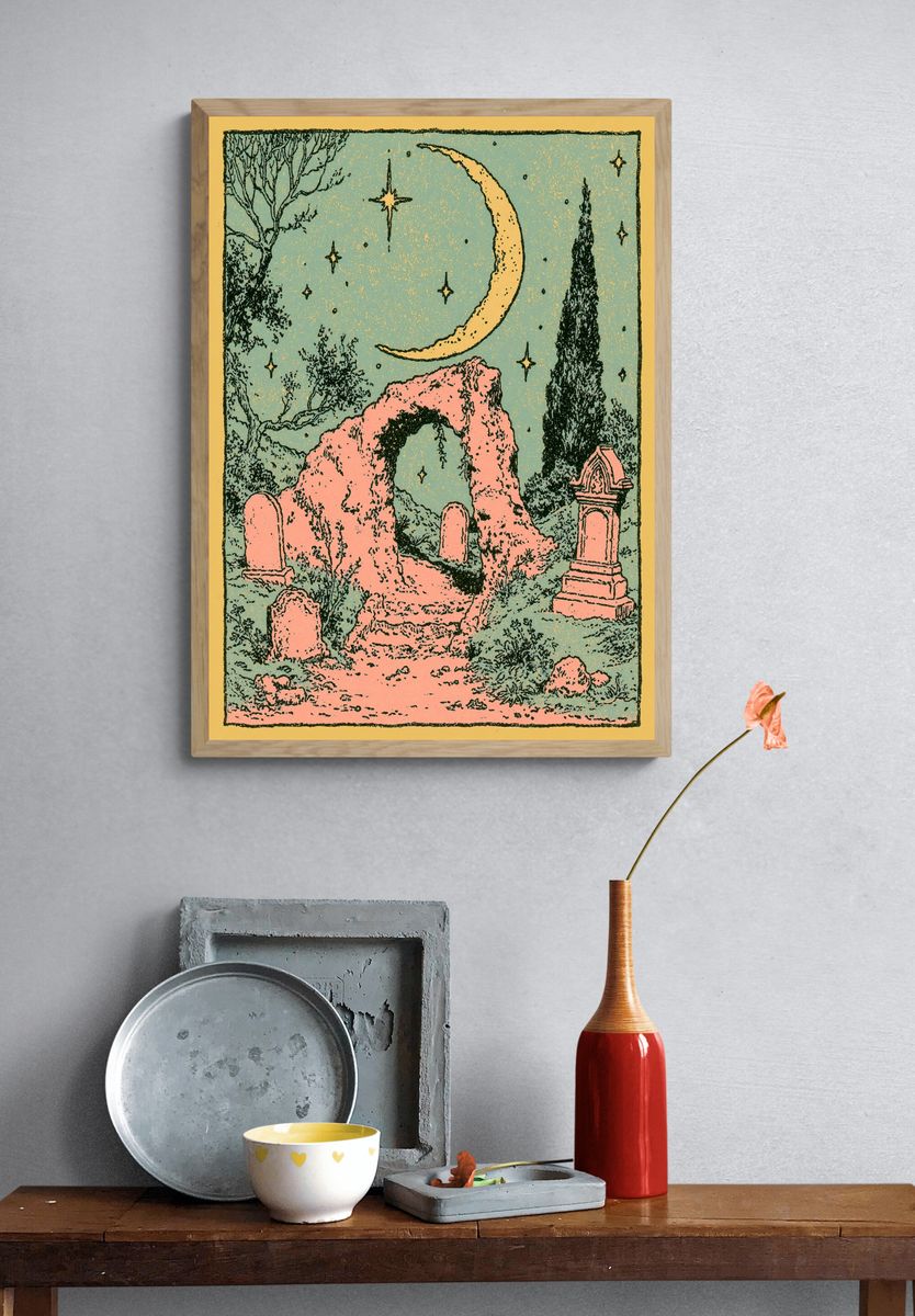 Moonlit Cemetery Illustration Poster. — room view 3
