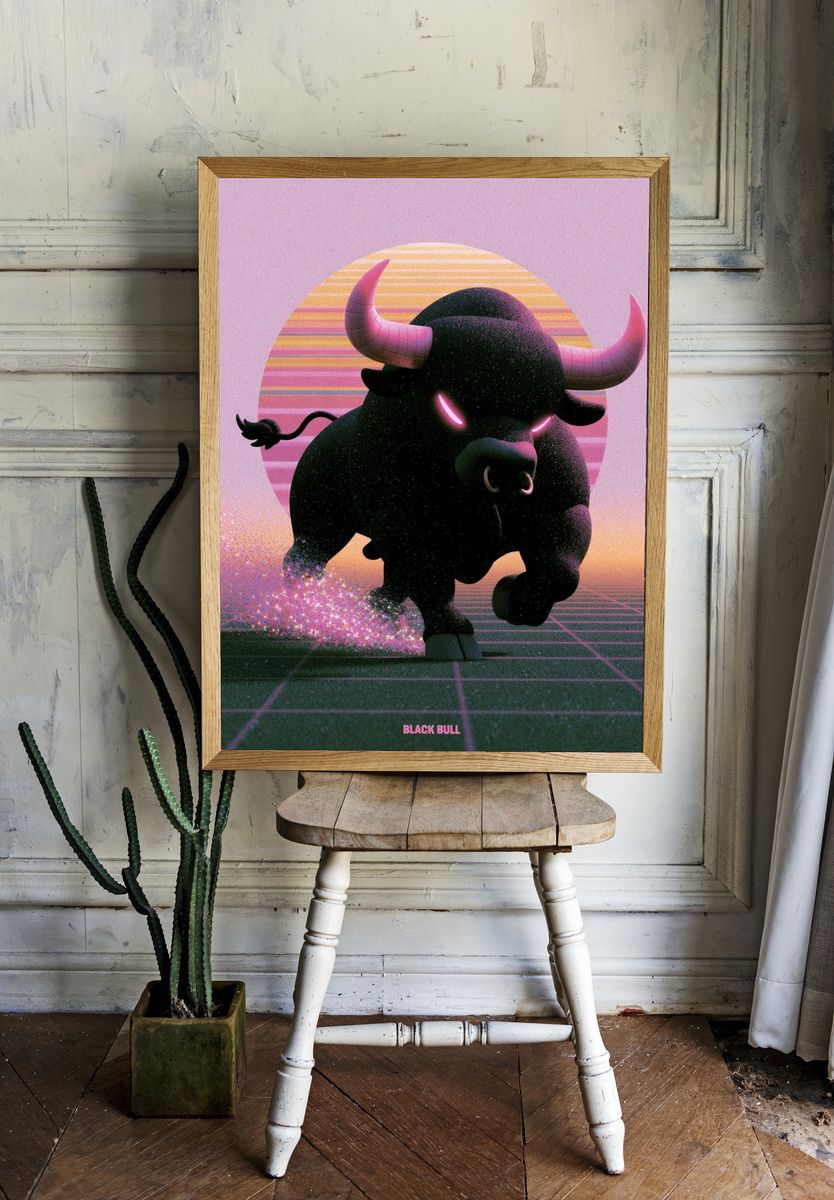 Black Bull Retro Illustration Poster. — room view 1