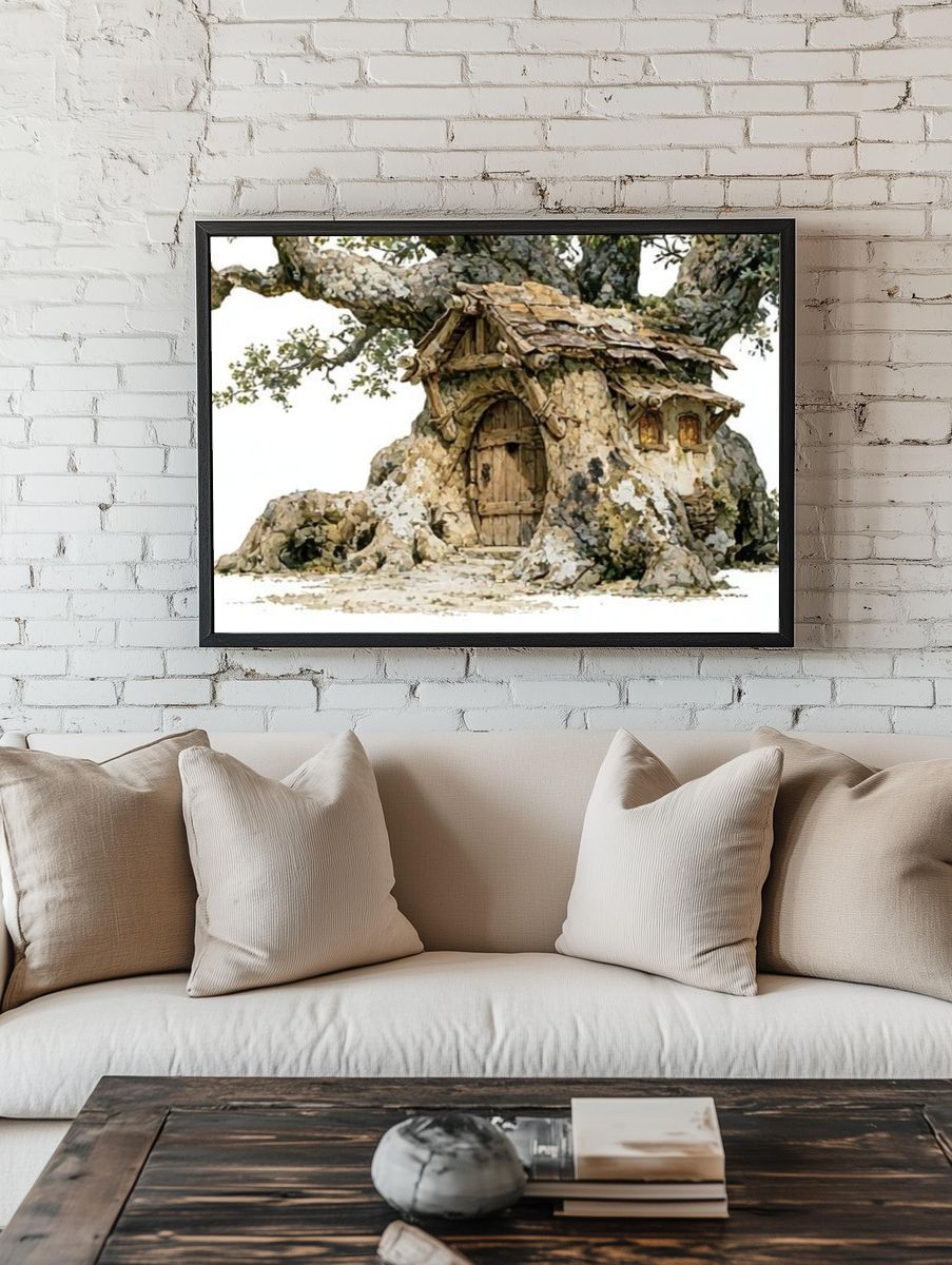 Enchanted Treehouse Watercolor Print. room preview