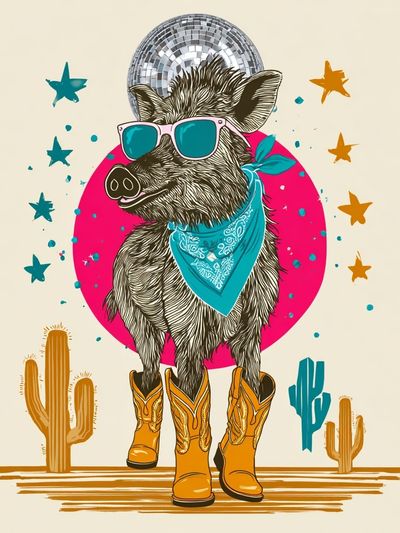 Disco Boar Western Illustration Poster. poster print