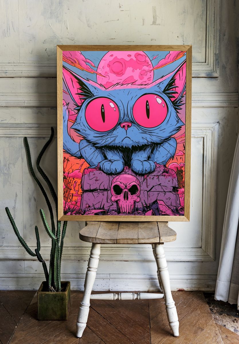 Neon Cat Skull Illustration Poster. — room view 1