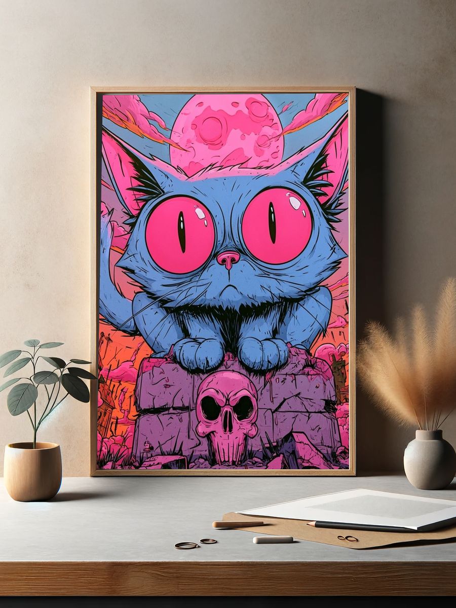 Neon Cat Skull Illustration Poster. — room view 2