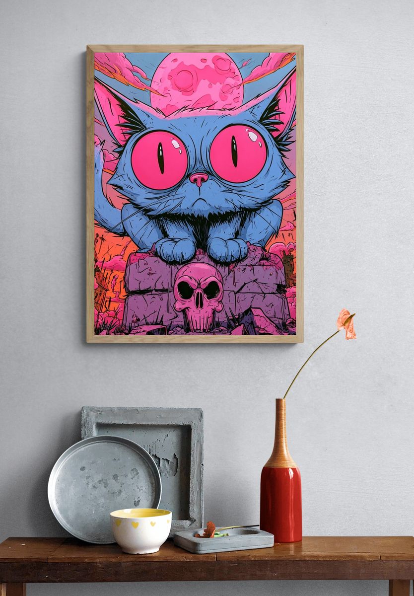 Neon Cat Skull Illustration Poster. — room view 3
