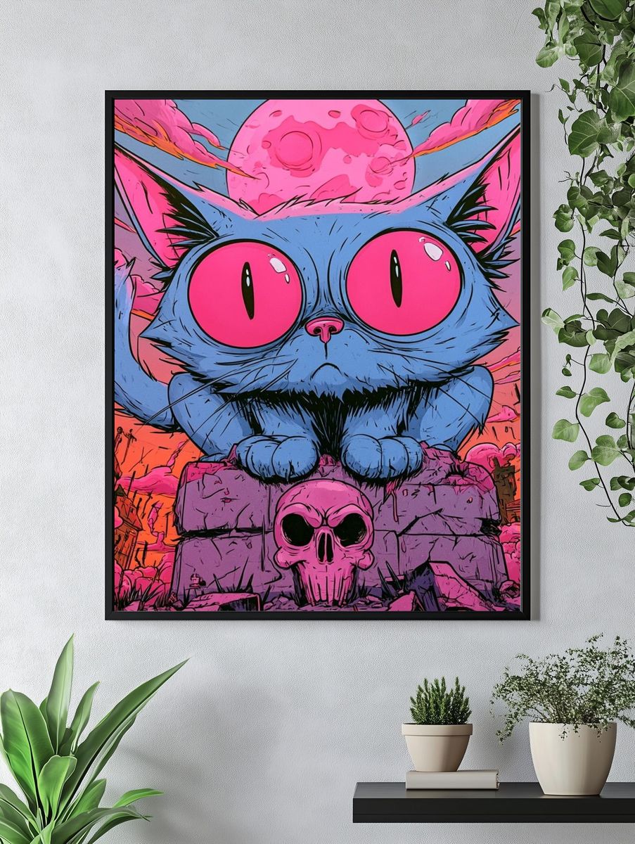 Neon Cat Skull Illustration Poster. — room view 4