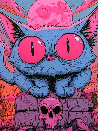 Neon Cat Skull Illustration Poster.