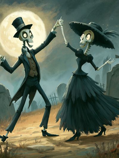 Moonlit Skeleton Dance Illustration Poster.